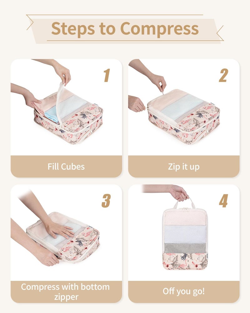 Narwey 6 Set Compression Packing Cubes for Travel Carry on Women, Packing Organizers Bag for Backpack Luggage Suitcase Duffle Bags (Beige Flamingo) - Image 5