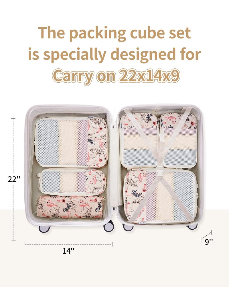 Narwey 6 Set Compression Packing Cubes for Travel Carry on Women, Packing Organizers Bag for Backpack Luggage Suitcase Duffle Bags (Beige Flamingo) - Image 2
