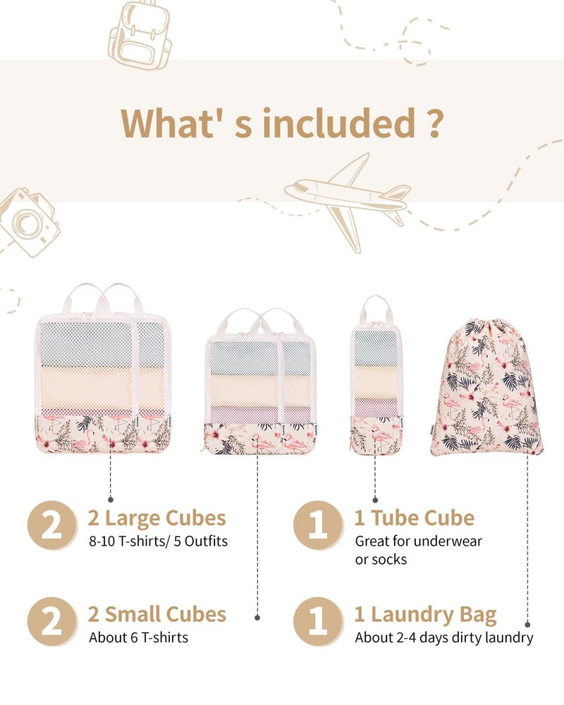 Narwey 6 Set Compression Packing Cubes for Travel Carry on Women, Packing Organizers Bag for Backpack Luggage Suitcase Duffle Bags (Beige Flamingo) - Image 3