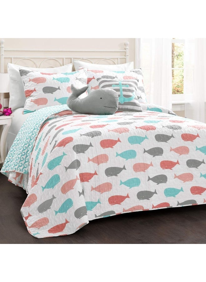 Lush Decor Lush Decor Whale Kids Reversible 5 Piece Quilt Bedding Set with Sham and Decorative Throw Pillows, Full Queen, Pink and Aqua  - Image 1