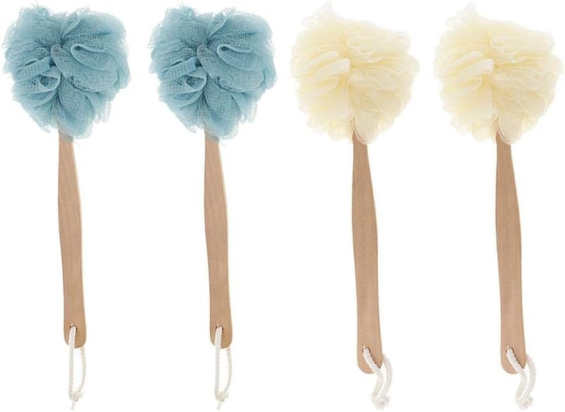 klarako4Pc Long Handle Wood Bath Shower Body Scrub Puff Scrunchie Back Scrubber For Spa - Image 1
