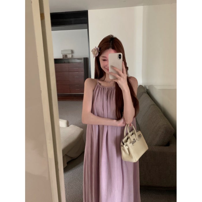 AliExpress Basic Neck Hanging Sling dress Summer Womens Holiday Style Loose Slimming A- Length Skirt Wholesale Picture Color 