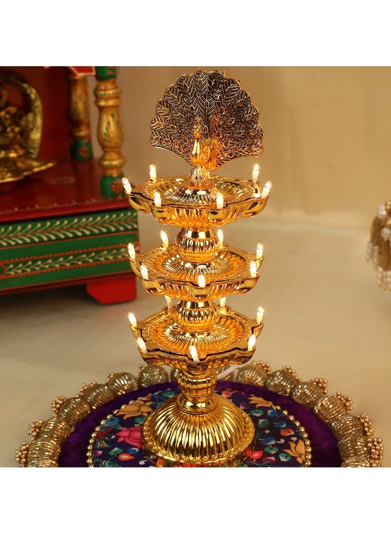 SK Peacock Design Golden Samai Electric LED Decorative Diya Lamp for Home Décor, Festival Lighting, Diwali Decoration, Pooja Room & Table Décor - 3 Layer 21 LED - Image 2
