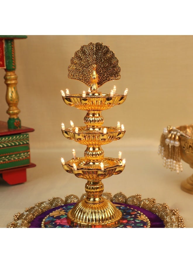 SK Peacock Design Golden Samai Electric LED Decorative Diya Lamp for Home Décor, Festival Lighting, Diwali Decoration, Pooja Room & Table Décor - 3 Layer 21 LED - Image 3