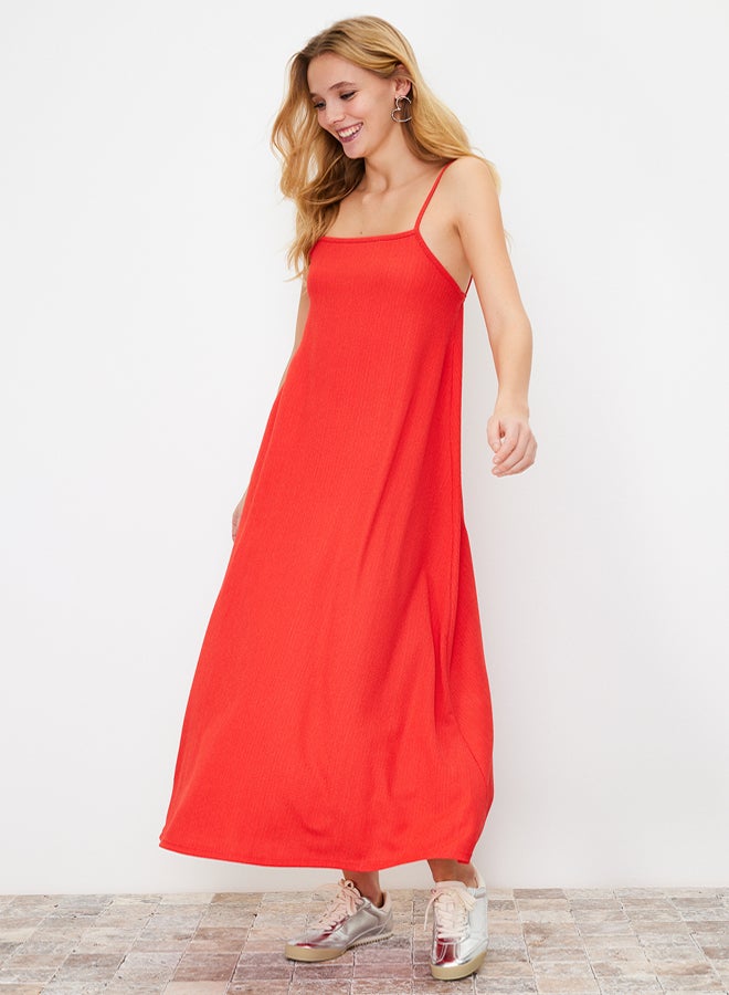 trendyol Red Adjustable Straps Square Neck A-Line Crepe/Textured Knit Maxi Dress - Image 2