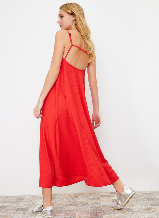 trendyol Red Adjustable Straps Square Neck A-Line Crepe/Textured Knit Maxi Dress - Image 1