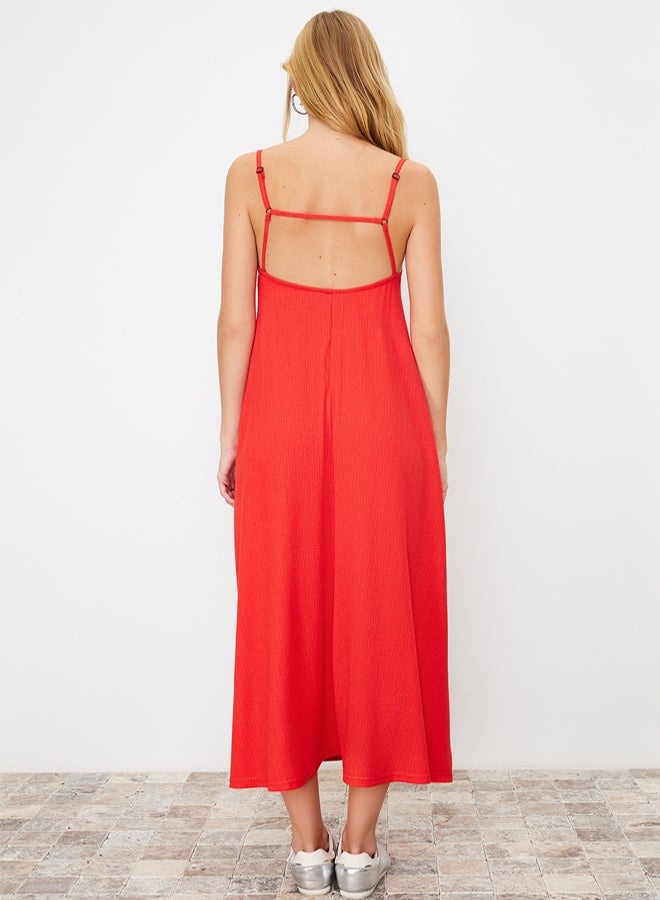 trendyol Red Adjustable Straps Square Neck A-Line Crepe/Textured Knit Maxi Dress - Image 4