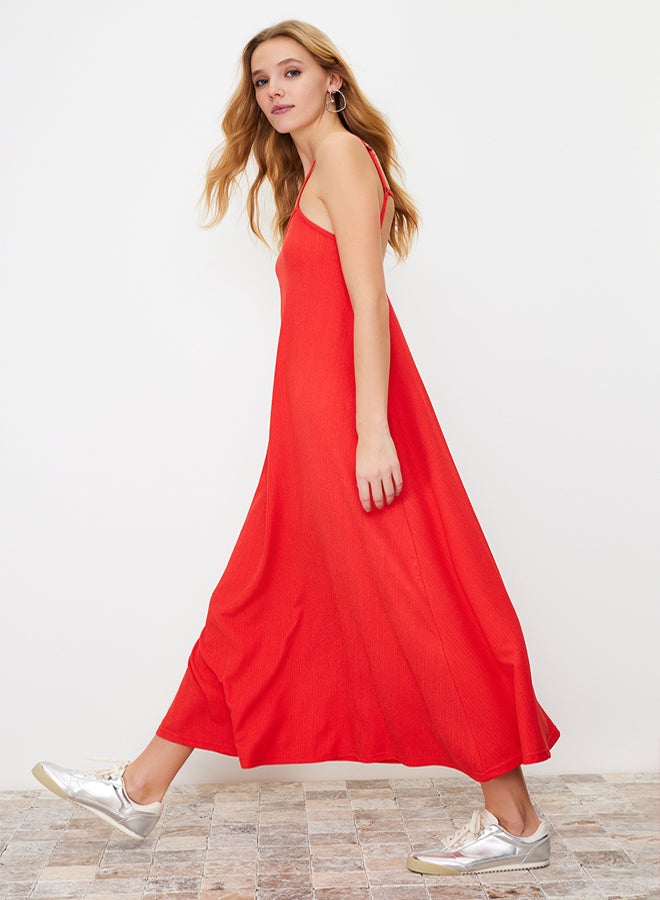 trendyol Red Adjustable Straps Square Neck A-Line Crepe/Textured Knit Maxi Dress - Image 3