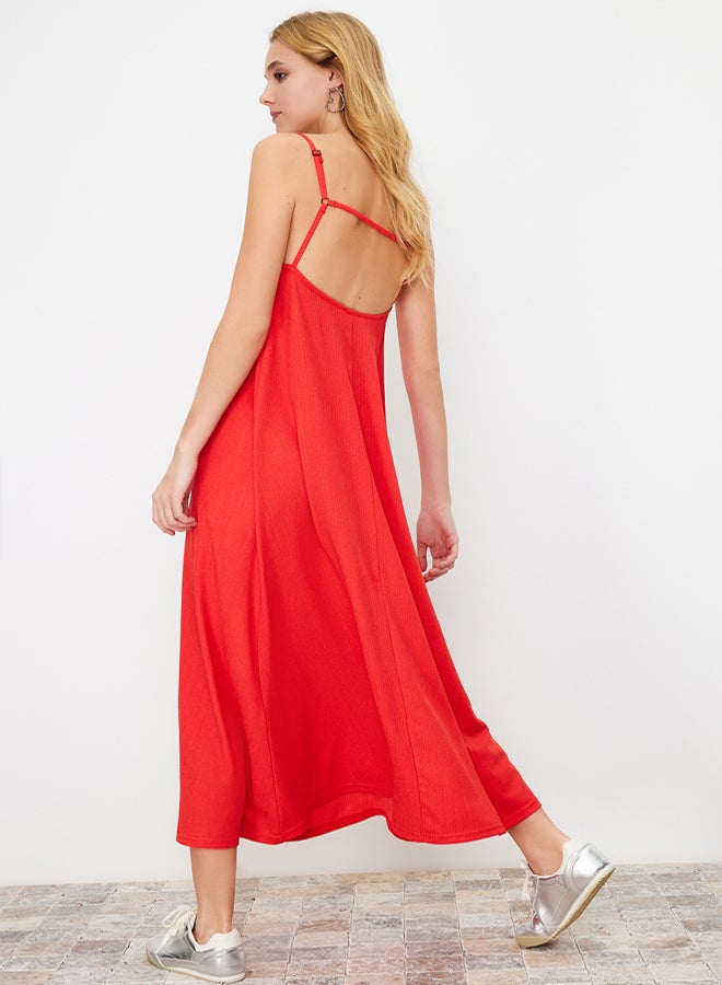 trendyol Red Adjustable Straps Square Neck A-Line Crepe/Textured Knit Maxi Dress - Image 1