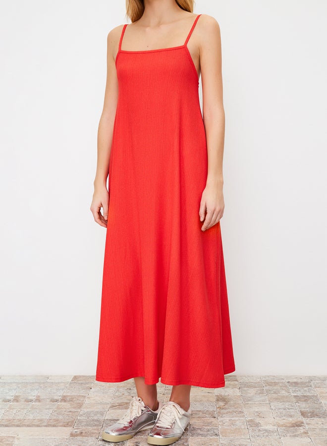 trendyol Red Adjustable Straps Square Neck A-Line Crepe/Textured Knit Maxi Dress - Image 5