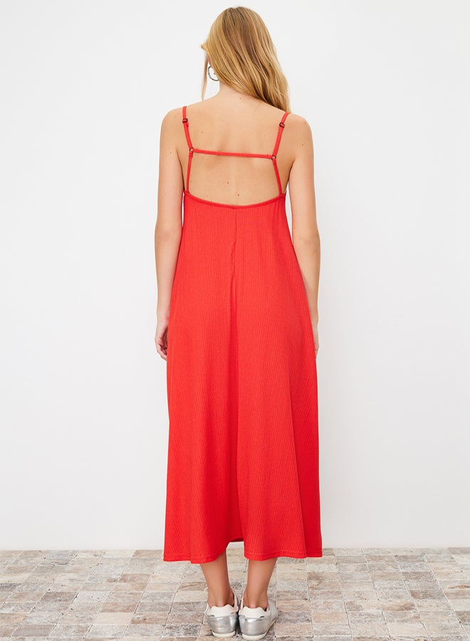 trendyol Red Adjustable Straps Square Neck A-Line Crepe/Textured Knit Maxi Dress - Image 4