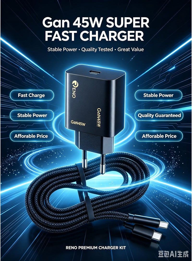 RENO Complete 45W Charging Kit, GaN Fast Charger with USB-C PD Cable - RC-96 - Image 1
