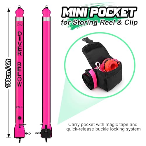Owekfifv Surface Marker Buoy Scuba with Reel, 6ft High Visibility Diving Open Bottom Signal Tube Safety Sausage with Pouch Bag, 100ft ABS Dive Reel and Steel Double-Ended Bolt Snap - Image 4
