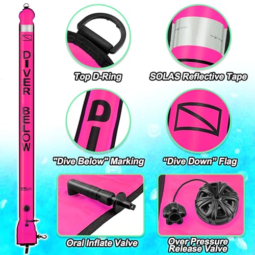 Owekfifv Surface Marker Buoy Scuba with Reel, 6ft High Visibility Diving Open Bottom Signal Tube Safety Sausage with Pouch Bag, 100ft ABS Dive Reel and Steel Double-Ended Bolt Snap - Image 3