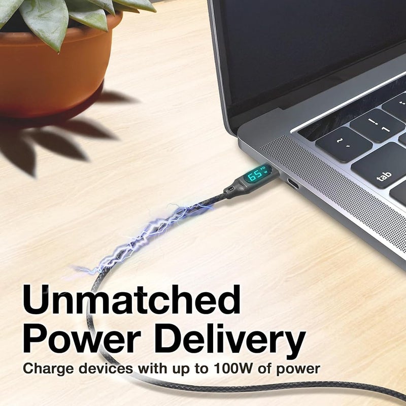بوكس ويف 1 كابل BoxWave متوافق مع ZTE Nubia أحمر Magic 10 Pro - كابل DirectSync PD (10 أقدام) - USB-C إلى USB-C (100 واط)، شحن سريع طويل من نوع C بنايلون مضفر وسبيكة معدنية - أسود نفاث - Image 4
