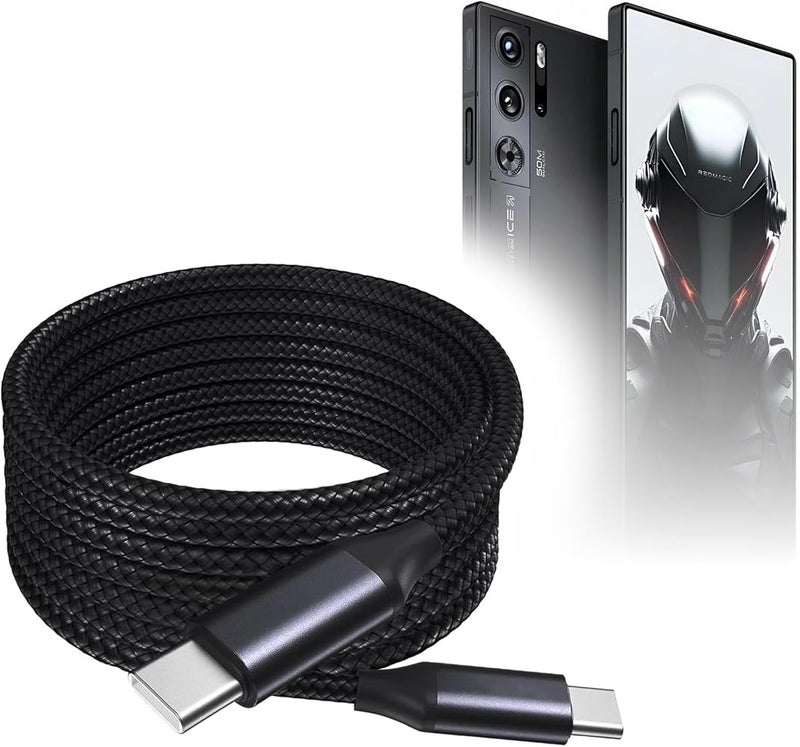 بوكس ويف 1 كابل BoxWave متوافق مع ZTE Nubia أحمر Magic 10 Pro - كابل DirectSync PD (10 أقدام) - USB-C إلى USB-C (100 واط)، شحن سريع طويل من نوع C بنايلون مضفر وسبيكة معدنية - أسود نفاث - Image 1