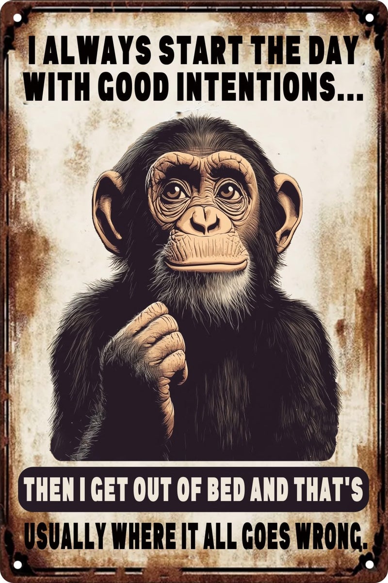 CSWLJS Monkey Decor Start With Funny Poster Sarcastic Metal Vintage Aluminum Sign Decor Retro Garage Wall Decor Club Living Room Wall Decor Plaque Home Decor Porch Decor Farmhouse Decor Holiday Gift 8x12 In - Image 1