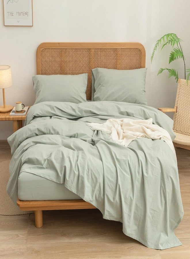 BESTOUCH Sheet Set 100% Washed Cotton Linen Feel Super Soft Comfortable Chic Lightweight 4 Pcs Home Bedding Set Solid Sage Green Queen - Image 3