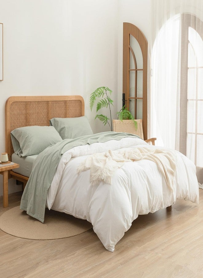 BESTOUCH Sheet Set 100% Washed Cotton Linen Feel Super Soft Comfortable Chic Lightweight 4 Pcs Home Bedding Set Solid Sage Green Queen - Image 2