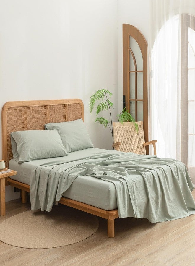 BESTOUCH Sheet Set 100% Washed Cotton Linen Feel Super Soft Comfortable Chic Lightweight 4 Pcs Home Bedding Set Solid Sage Green Queen - Image 4