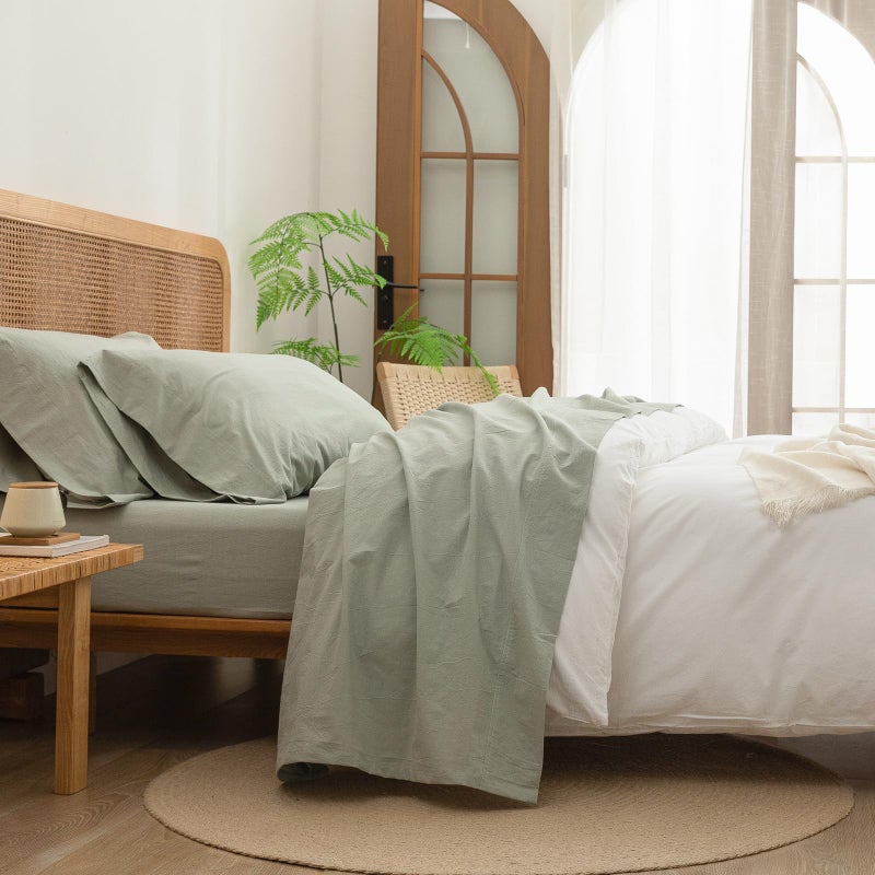 BESTOUCH Sheet Set 100% Washed Cotton Linen Feel Super Soft Comfortable Chic Lightweight 4 Pcs Home Bedding Set Solid Sage Green Queen - Image 1