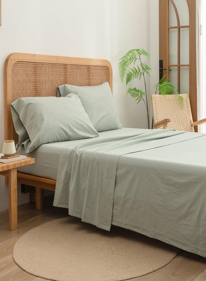 BESTOUCH Sheet Set 100% Washed Cotton Linen Feel Super Soft Comfortable Chic Lightweight 4 Pcs Home Bedding Set Solid Sage Green Queen - Image 5