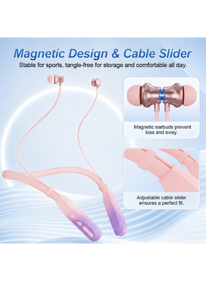 caijin Neckband Bluetooth Headphones, 200H Long Playtime Wireless Stereo Neckband Earbuds with Microphone, Waterproof Around The Neck Headphones in Ear Headset for Sports/Workout/Office (pinkish-purple) - Image 3
