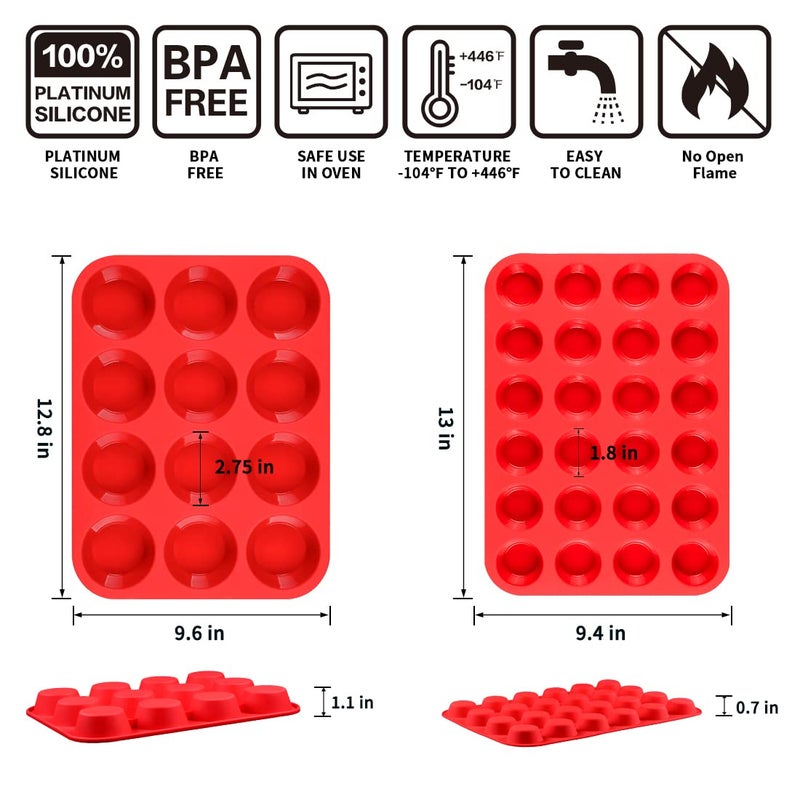 CAKETIME Silicone Muffin Pan, Mini Muffin Pan, Regular 12 Cups and Mini 24 Cups Cupcake Tin Set of 2 for Baking Egg Bites - Image 2