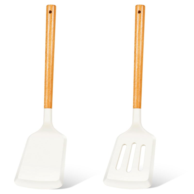 KLAQQED 2Pcs Silicone Spatula Set Turner Heat Resistant for Nonstick Cookware Rubber Wok Turner with Wood Handle, Plastic Spatula Silicone for Cooking Use Kitchen Utensils Set White - Image 1