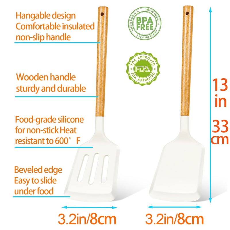 KLAQQED 2Pcs Silicone Spatula Set Turner Heat Resistant for Nonstick Cookware Rubber Wok Turner with Wood Handle, Plastic Spatula Silicone for Cooking Use Kitchen Utensils Set White - Image 3