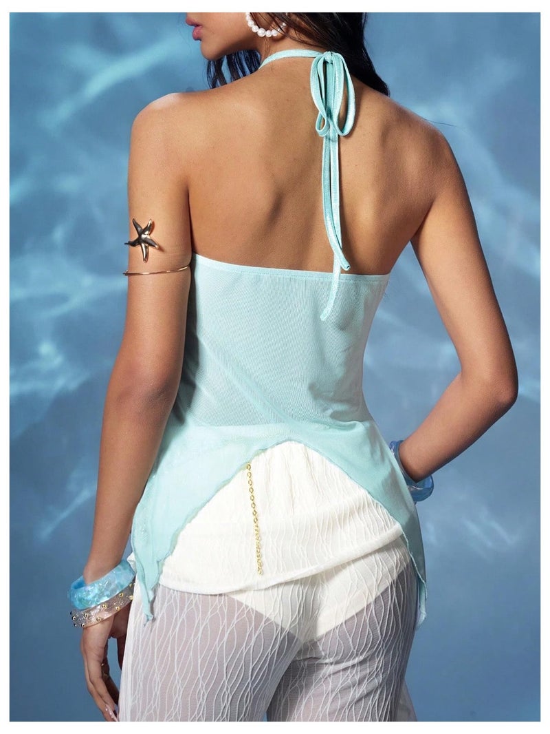 MakeMeChic Women's Y2k Halter Tops Backless Mesh Seashell Ruched Ruffle Summer Going Out Top Blue Small - Image 3