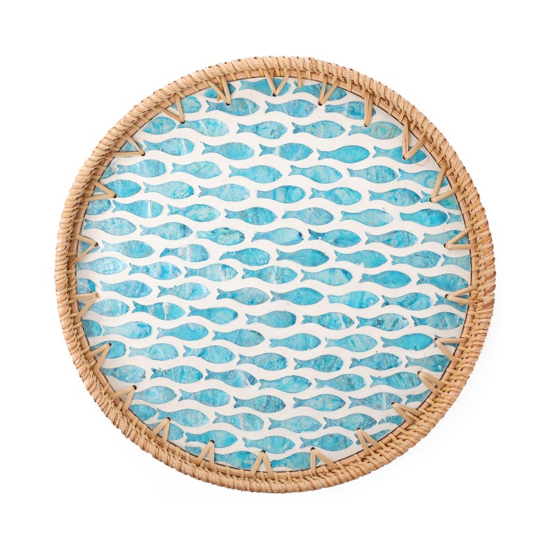 Tynulox Round Rattan Tray with Mother of Pearl Inlay, Rattan Serving Tray for Coffee, Bread, Fruits, Decorative Wicker Tray for Table Decor, Home Decor, Kitchen Island Decor (Turquoise Fish, 11.8") - Image 1