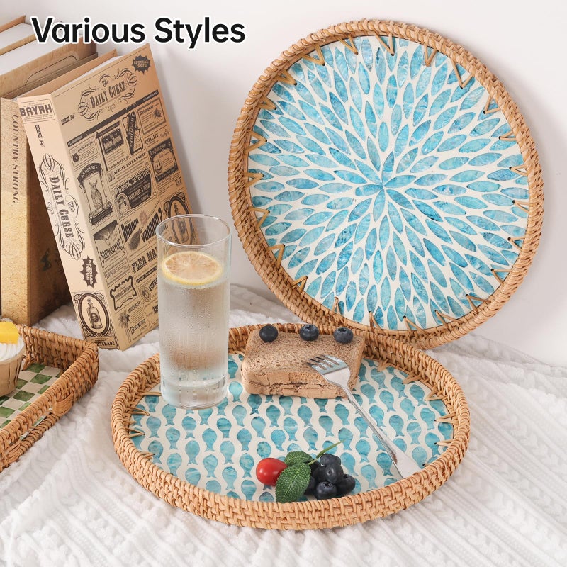 Tynulox Round Rattan Tray with Mother of Pearl Inlay, Rattan Serving Tray for Coffee, Bread, Fruits, Decorative Wicker Tray for Table Decor, Home Decor, Kitchen Island Decor (Turquoise Fish, 11.8") - Image 3