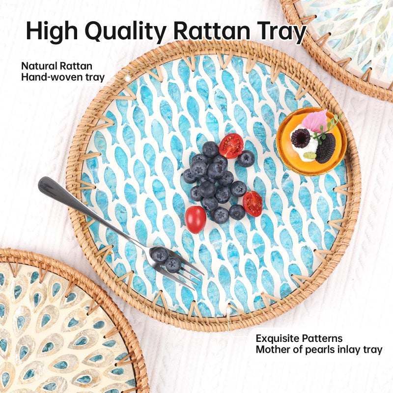 Tynulox Round Rattan Tray with Mother of Pearl Inlay, Rattan Serving Tray for Coffee, Bread, Fruits, Decorative Wicker Tray for Table Decor, Home Decor, Kitchen Island Decor (Turquoise Fish, 11.8") - Image 4