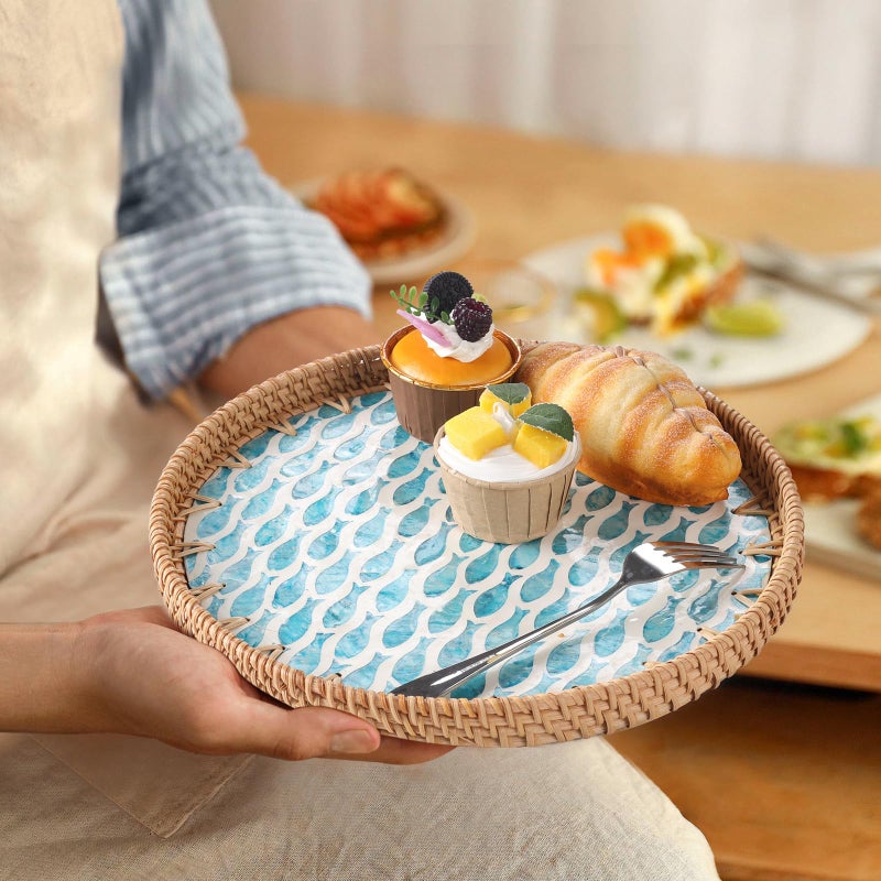 Tynulox Round Rattan Tray with Mother of Pearl Inlay, Rattan Serving Tray for Coffee, Bread, Fruits, Decorative Wicker Tray for Table Decor, Home Decor, Kitchen Island Decor (Turquoise Fish, 11.8") - Image 5