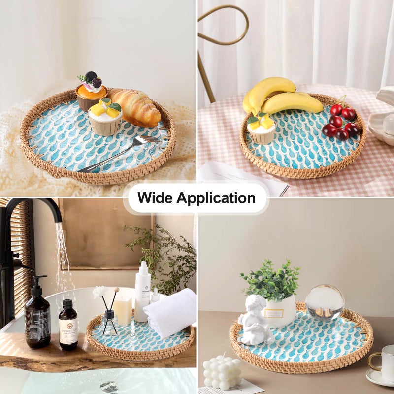 Tynulox Round Rattan Tray with Mother of Pearl Inlay, Rattan Serving Tray for Coffee, Bread, Fruits, Decorative Wicker Tray for Table Decor, Home Decor, Kitchen Island Decor (Turquoise Fish, 11.8") - Image 2