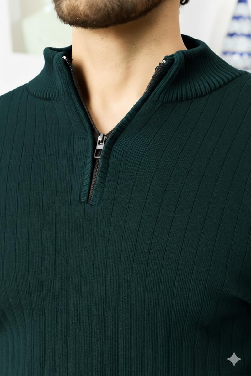 Pivl Men's Winter Half Zip Solid Warm Sweater_Teal-L - Image 2