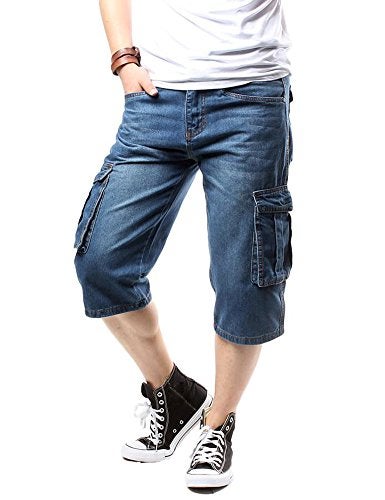 Idopy Men`s Motorcycle Loose Fit Cropped Work Jeans Denim Cargo Shorts Blue 40 - Image 1