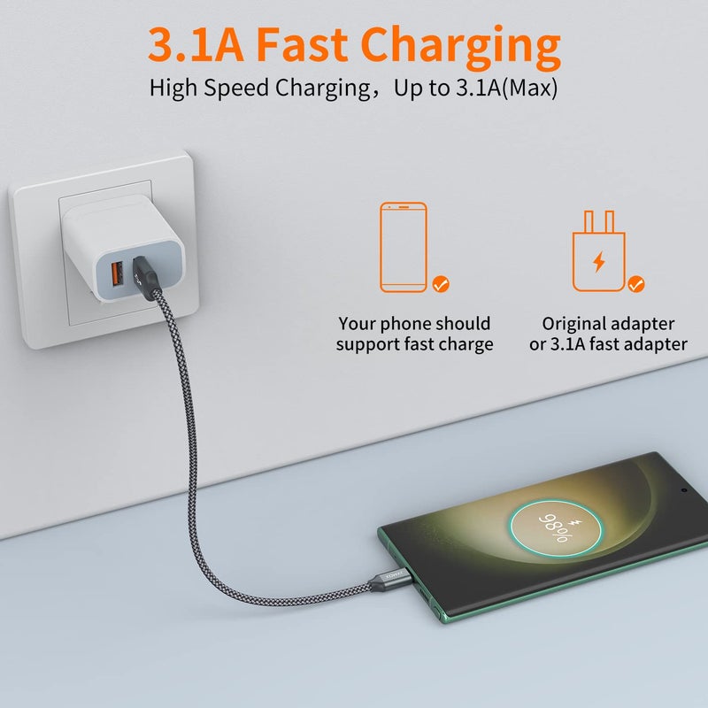JXMOX Short USB C Cable (0.5ft 3-Pack), USB A to Type-C Charger Cord 3.1A Fast Charging Compatible with iPhone 15 16 Pro Max, Samsung Galaxy S20 S10 S9, Note 10 9, A80 A70 A50 A40, Power Bank (Grey) - Image 3