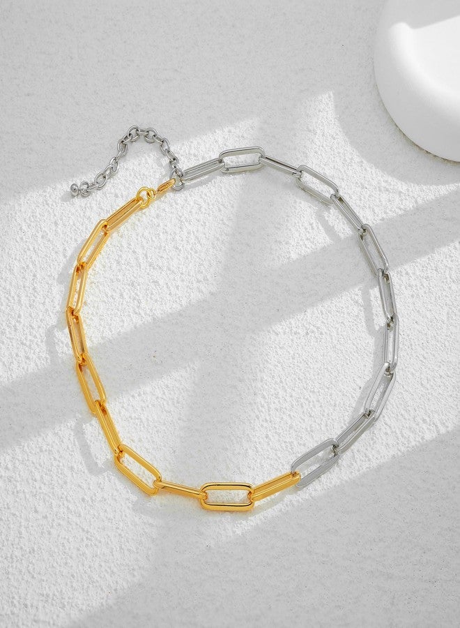 ليلي آند وايت قلادة ليلي آند وايت الذهبية للنساء، قلادة ذهبية وفضية ثنائية اللون، سلسلة تشوكر أنيقة، سلسلة مشبك ورق ذهبية سميكة، هدية - Image 5