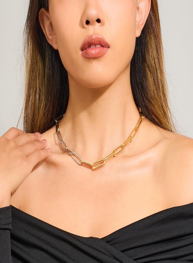 ليلي آند وايت قلادة ليلي آند وايت الذهبية للنساء، قلادة ذهبية وفضية ثنائية اللون، سلسلة تشوكر أنيقة، سلسلة مشبك ورق ذهبية سميكة، هدية - Image 3