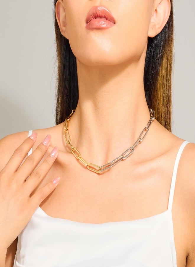 ليلي آند وايت قلادة ليلي آند وايت الذهبية للنساء، قلادة ذهبية وفضية ثنائية اللون، سلسلة تشوكر أنيقة، سلسلة مشبك ورق ذهبية سميكة، هدية - Image 4