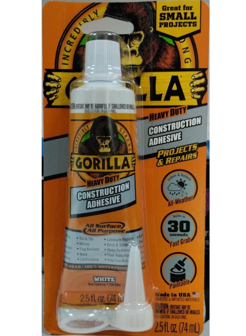 Gorilla Gorilla Heavy Duty Construction Adhesive, 2.5 ounce Squeeze Tube, White