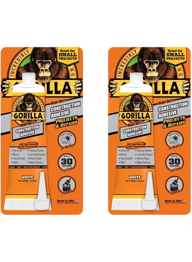 Gorilla Glue Gorilla Heavy Duty Construction Adhesive, 2.5 Ounce Squeeze Tube, White, (Pack of 2) - Image 1