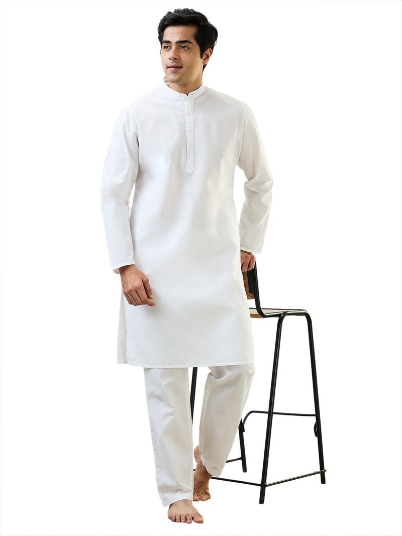 Raymond Sleepz Men Comfort Fit Solid Pattern Cotton Polyester Blend Mandrin Collar Sleepz Kurta Set (Size: 2XL)-AEUC00017-W0 White - Image 1
