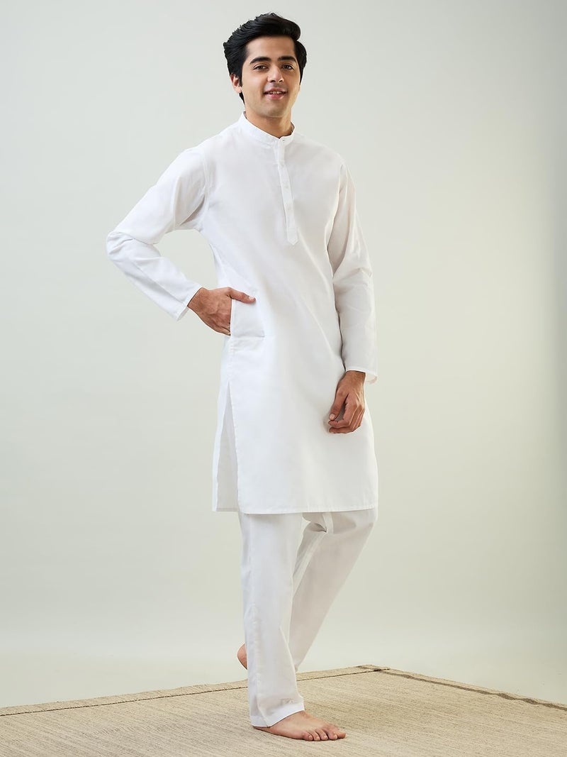 Raymond Sleepz Men Comfort Fit Solid Pattern Cotton Polyester Blend Mandrin Collar Sleepz Kurta Set (Size: 2XL)-AEUC00017-W0 White - Image 3