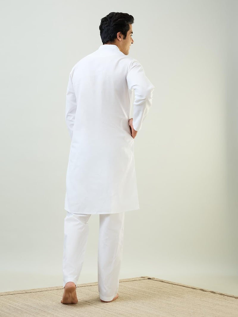 Raymond Sleepz Men Comfort Fit Solid Pattern Cotton Polyester Blend Mandrin Collar Sleepz Kurta Set (Size: 2XL)-AEUC00017-W0 White - Image 2