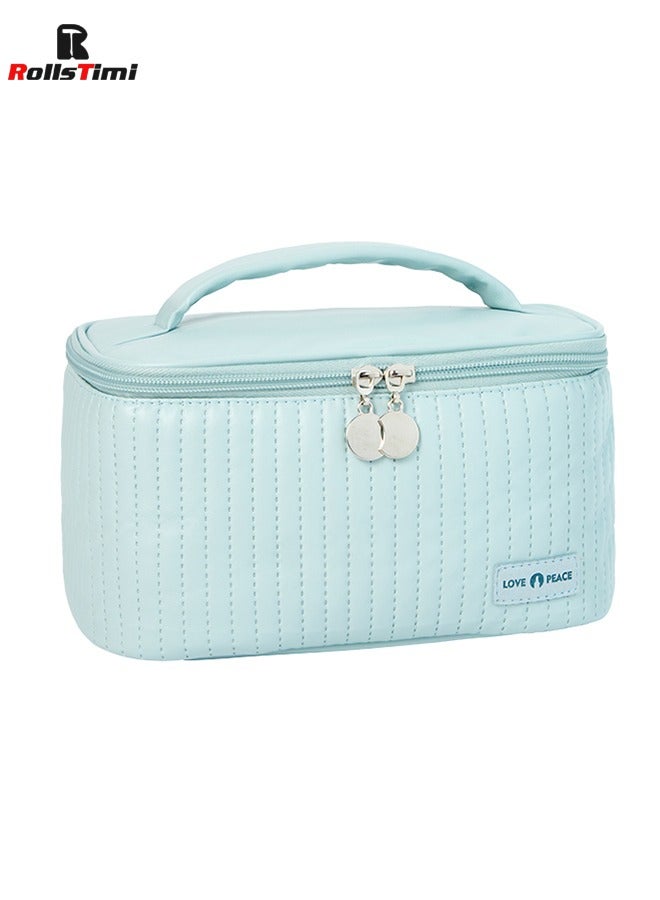 رولستيمي سعة كبيرة السفر حقيبة مستحضرات التجميل شريط متقلب حقيبة مستحضرات تجميل المحمولة الجلود مقاوم للماء حقيبة العناية بالبشرة مع مقبض و مقسم للنساء ، الأزرق - Image 1