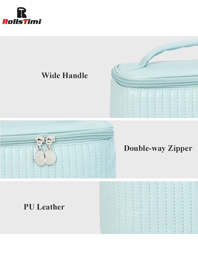 رولستيمي سعة كبيرة السفر حقيبة مستحضرات التجميل شريط متقلب حقيبة مستحضرات تجميل المحمولة الجلود مقاوم للماء حقيبة العناية بالبشرة مع مقبض و مقسم للنساء ، الأزرق - Image 2
