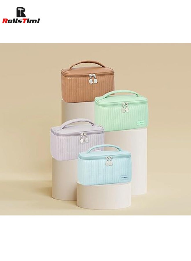 رولستيمي سعة كبيرة السفر حقيبة مستحضرات التجميل شريط متقلب حقيبة مستحضرات تجميل المحمولة الجلود مقاوم للماء حقيبة العناية بالبشرة مع مقبض و مقسم للنساء ، الأزرق - Image 5